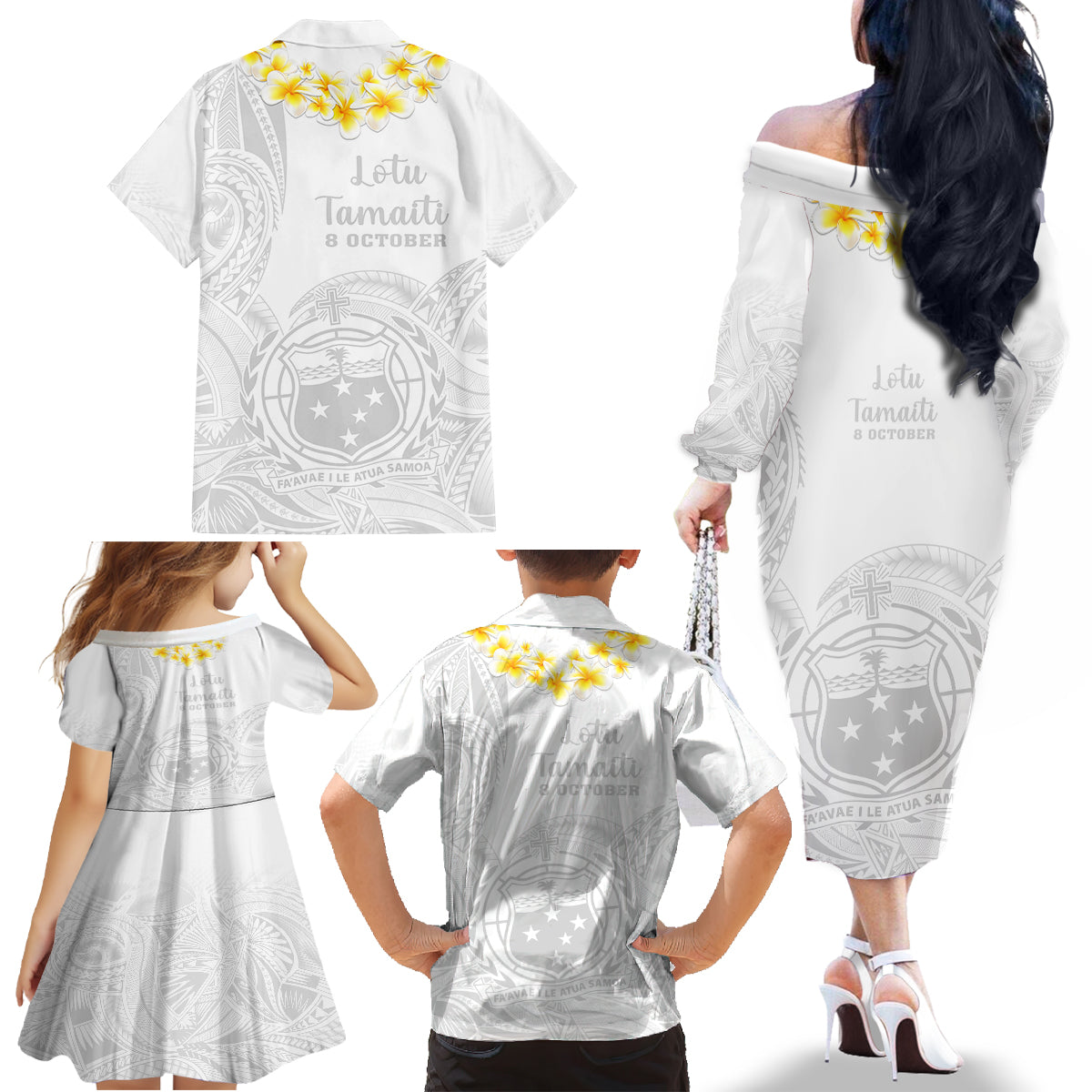 Samoa White Sunday Family Matching Off Shoulder Long Sleeve Dress and Hawaiian Shirt Lotu Tamaiti 2023 With Coat Of Arms - Wonder Print Shop
