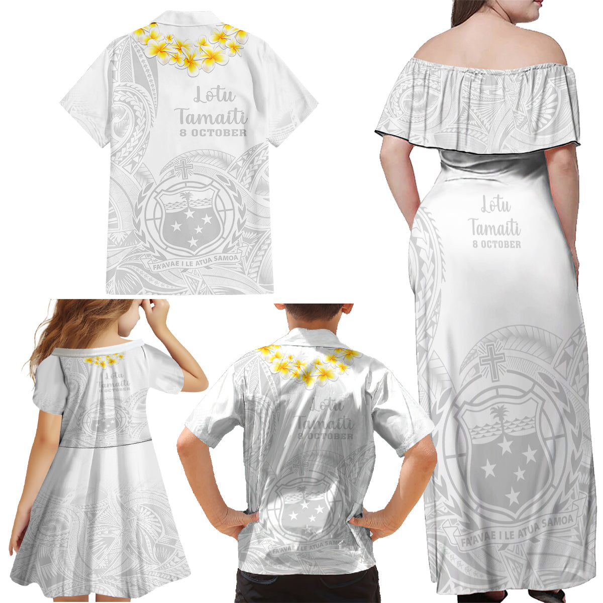 Samoa White Sunday Family Matching Off Shoulder Maxi Dress and Hawaiian Shirt Lotu Tamaiti 2023 With Coat Of Arms - Wonder Print Shop
