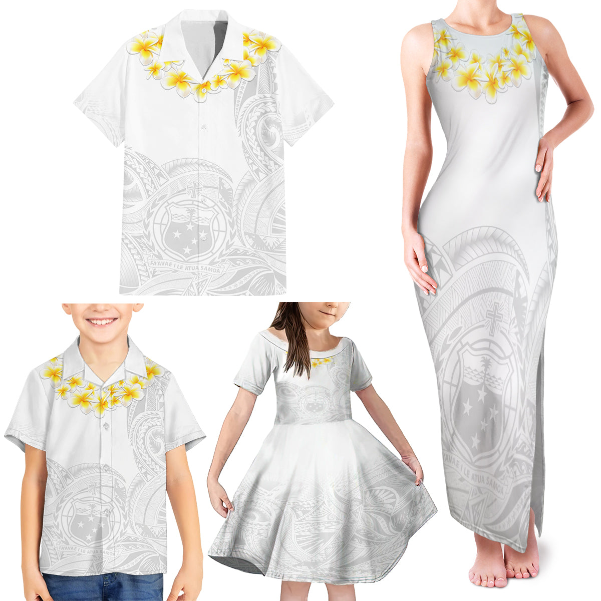 Samoa White Sunday Family Matching Tank Maxi Dress and Hawaiian Shirt Lotu Tamaiti 2023 With Coat Of Arms - Wonder Print Shop