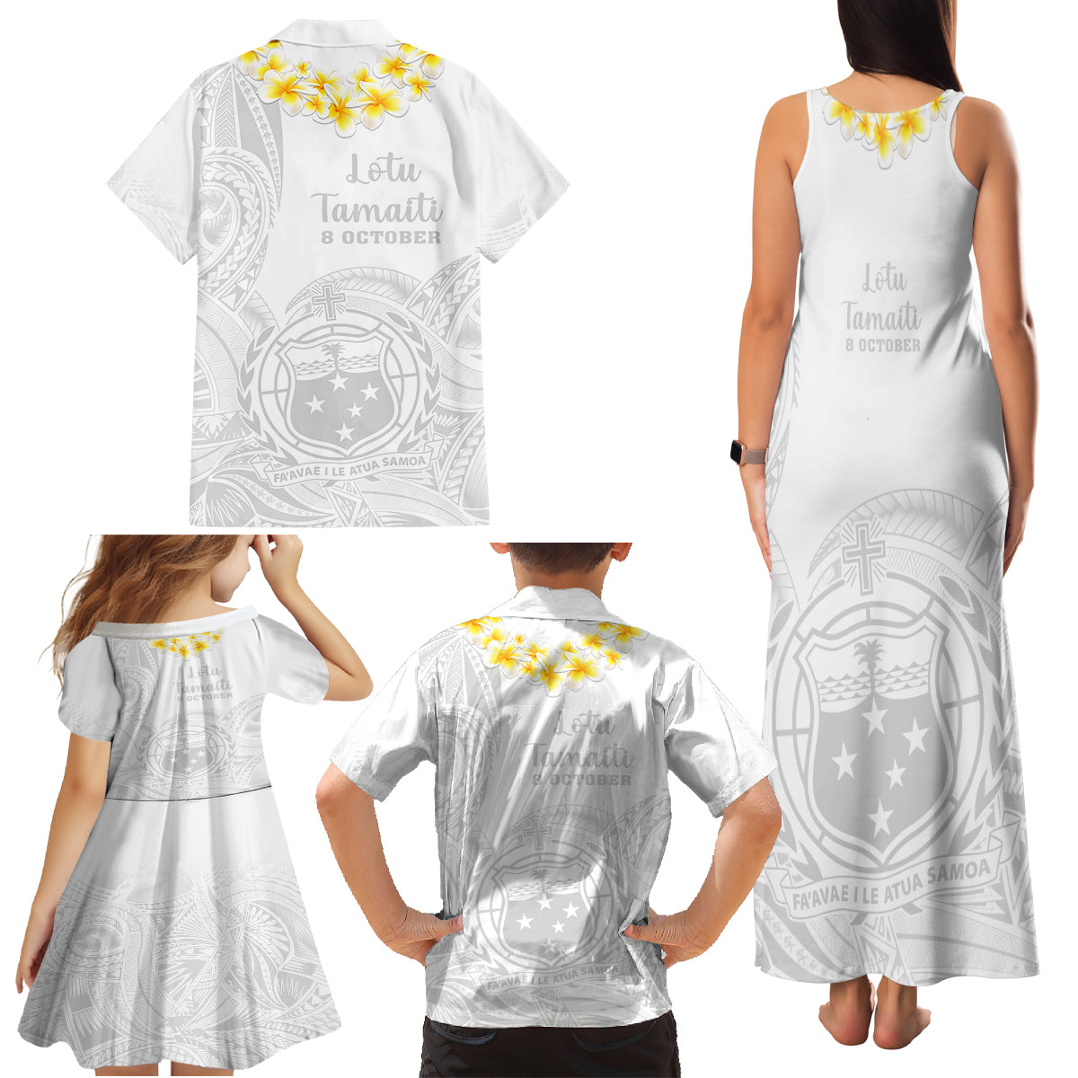 Samoa White Sunday Family Matching Tank Maxi Dress and Hawaiian Shirt Lotu Tamaiti 2023 With Coat Of Arms - Wonder Print Shop