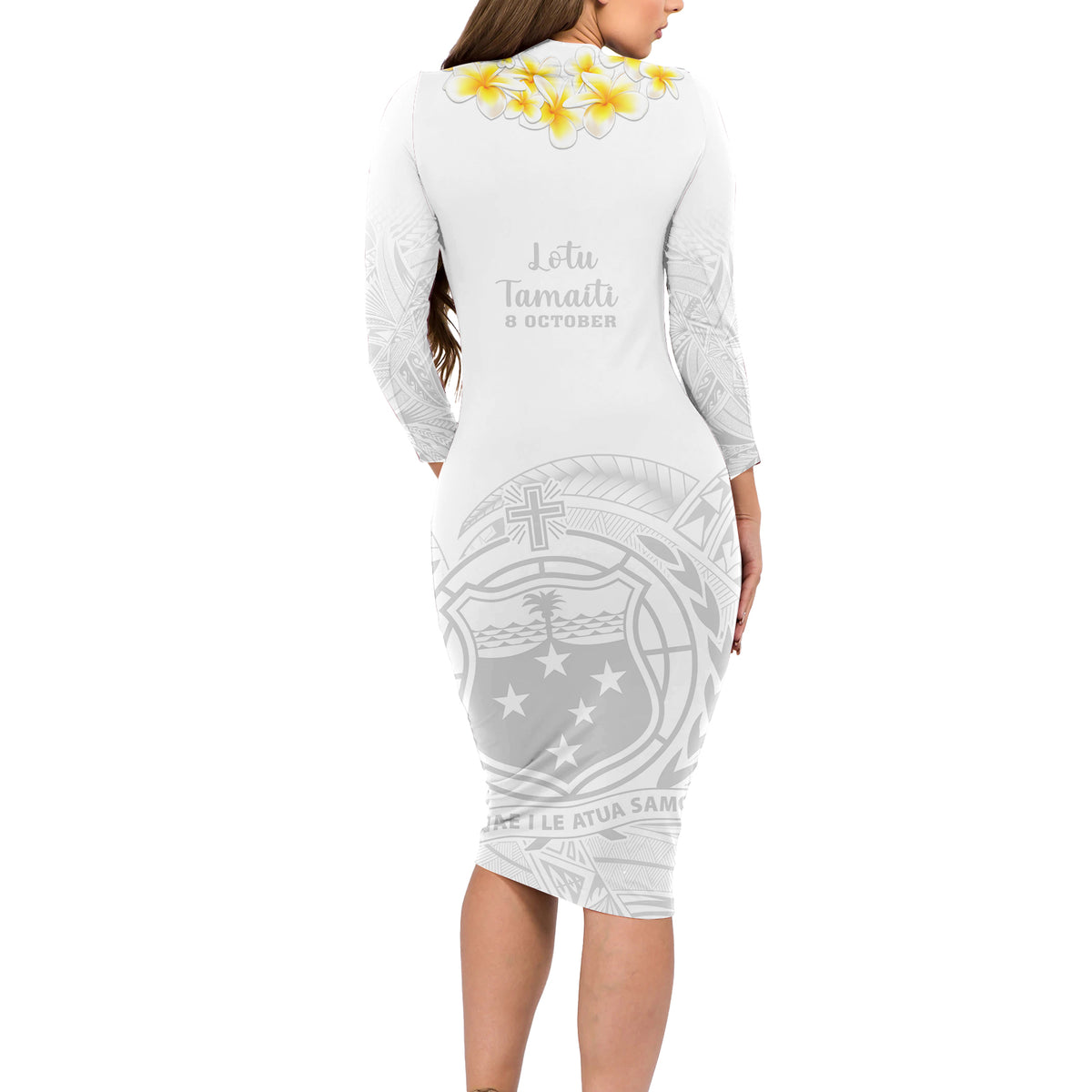 Samoa White Sunday Long Sleeve Bodycon Dress Lotu Tamaiti 2023 With Coat Of Arms - Wonder Print Shop