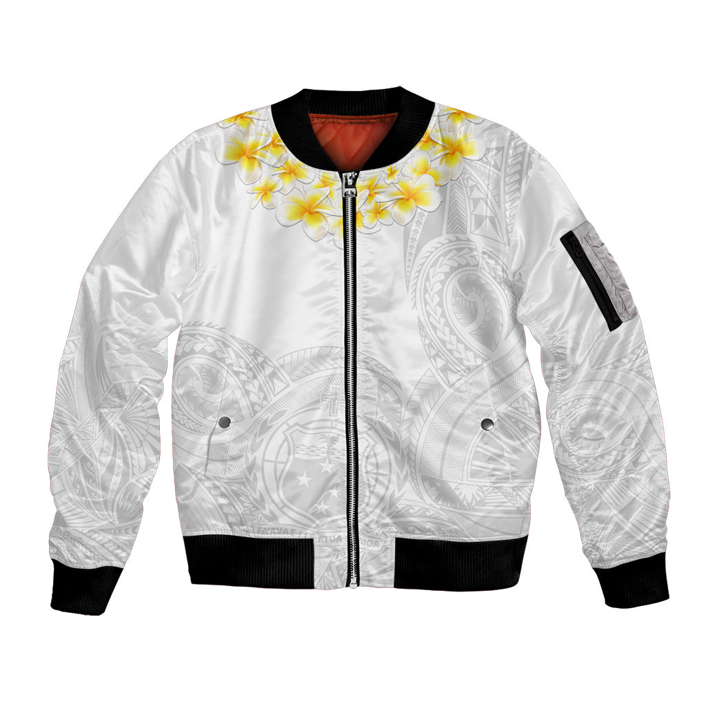 Samoa White Sunday Sleeve Zip Bomber Jacket Lotu Tamaiti 2023 With Coat Of Arms - Wonder Print Shop