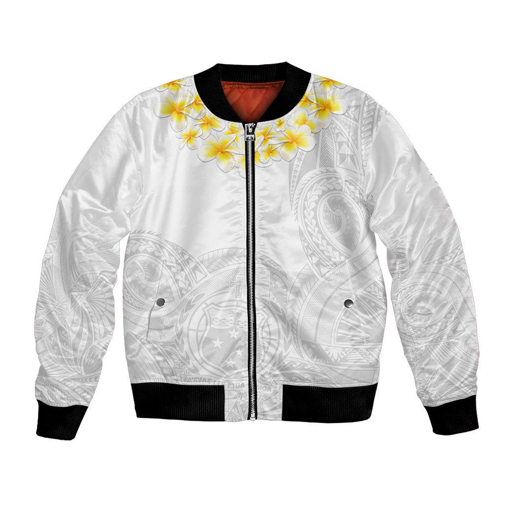 Personalised Samoa White Sunday Bomber Jacket Lotu Tamaiti 2023 With Coat Of Arms - Wonder Print Shop