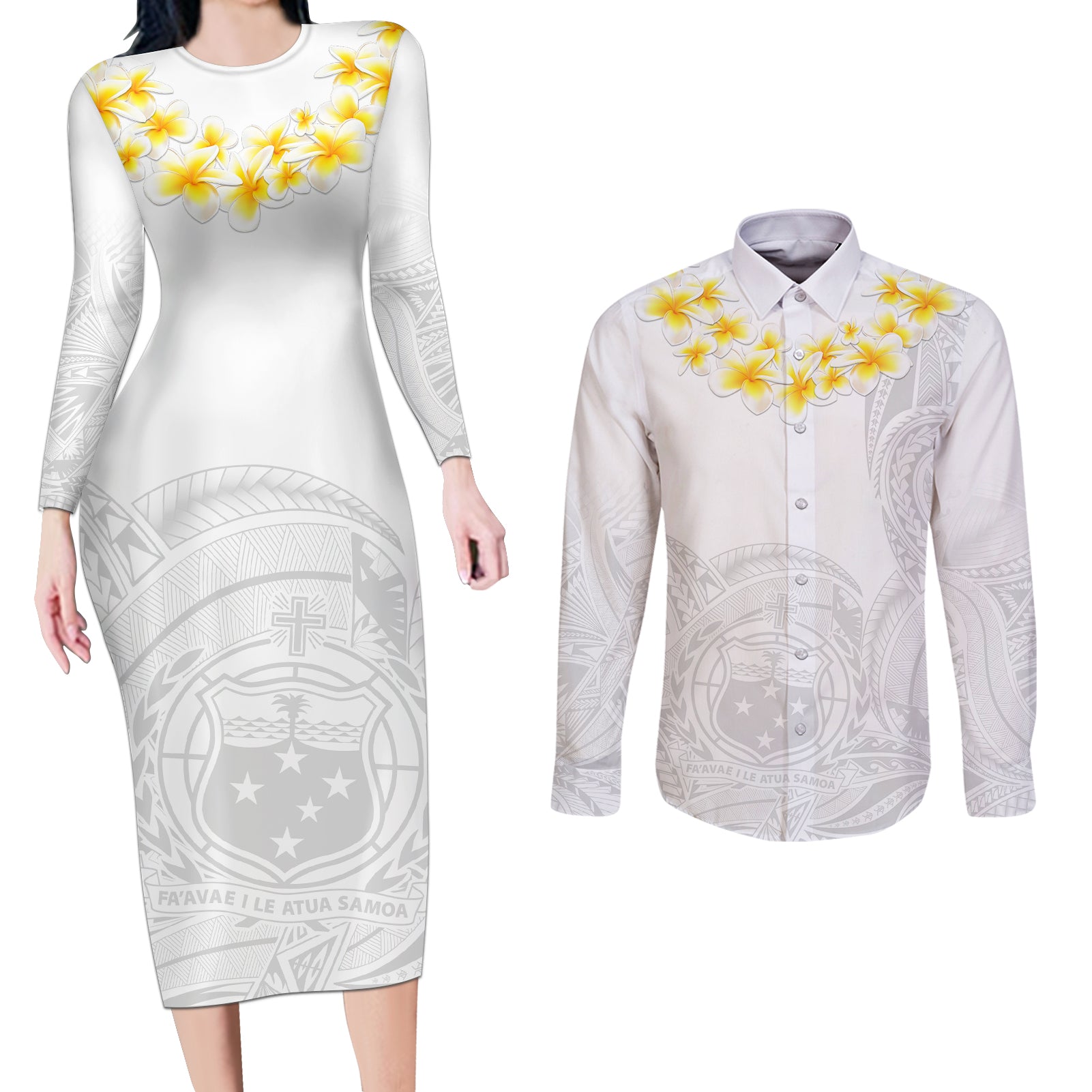 Personalised Samoa White Sunday Couples Matching Long Sleeve Bodycon Dress and Long Sleeve Button Shirts Lotu Tamaiti 2023 With Coat Of Arms - Wonder Print Shop