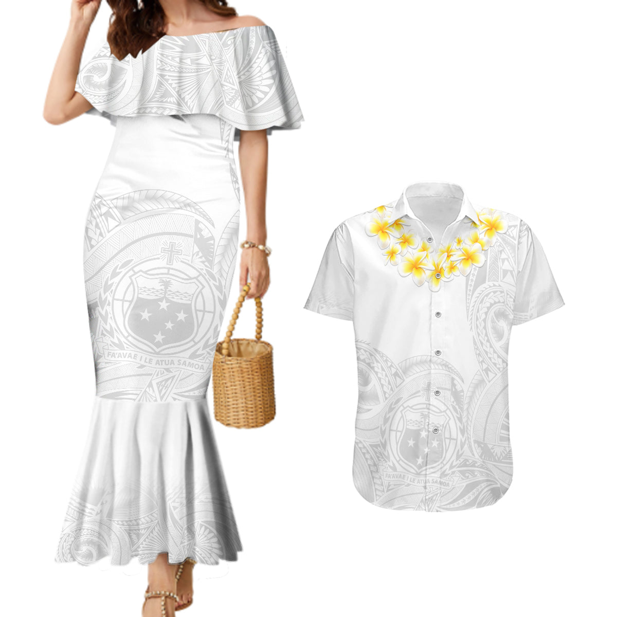 Personalised Samoa White Sunday Couples Matching Mermaid Dress and Hawaiian Shirt Lotu Tamaiti 2023 With Coat Of Arms - Wonder Print Shop