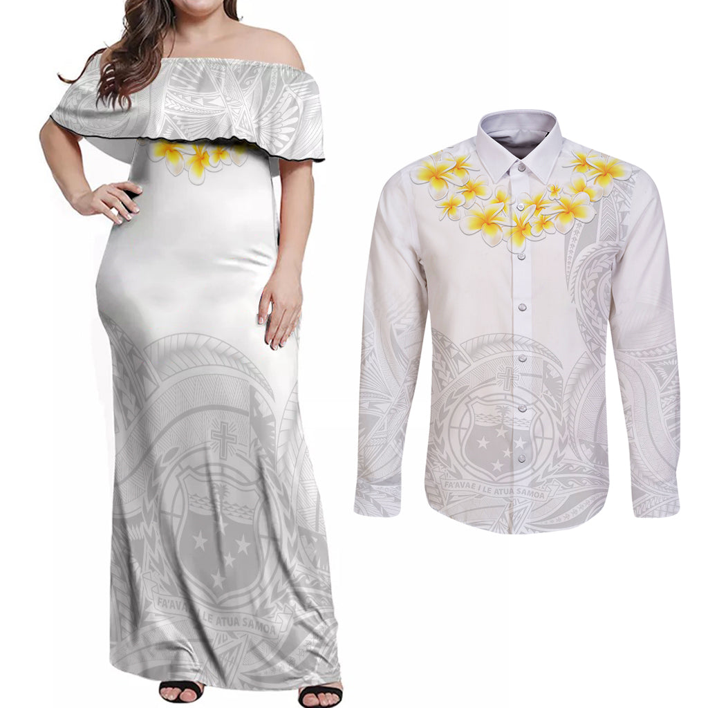 Personalised Samoa White Sunday Couples Matching Off Shoulder Maxi Dress and Long Sleeve Button Shirts Lotu Tamaiti 2023 With Coat Of Arms - Wonder Print Shop