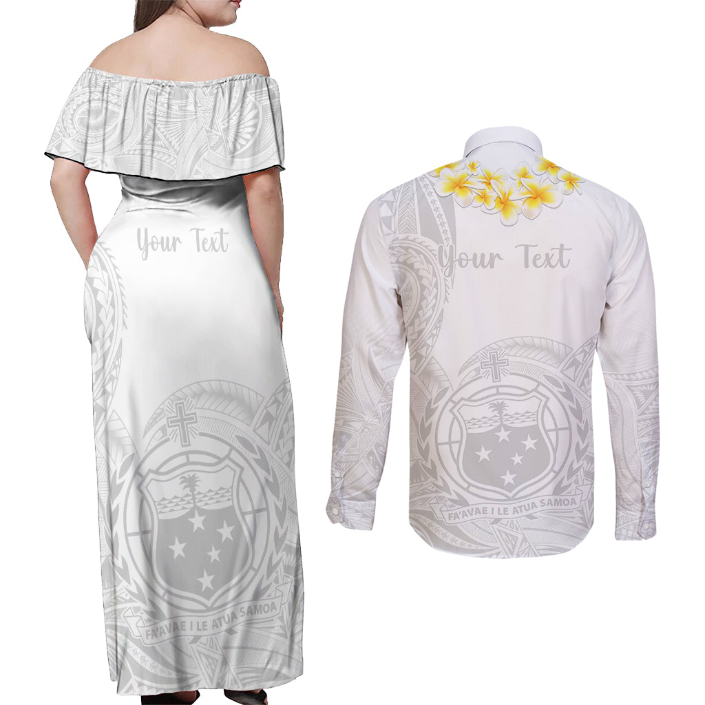 Personalised Samoa White Sunday Couples Matching Off Shoulder Maxi Dress and Long Sleeve Button Shirts Lotu Tamaiti 2023 With Coat Of Arms - Wonder Print Shop