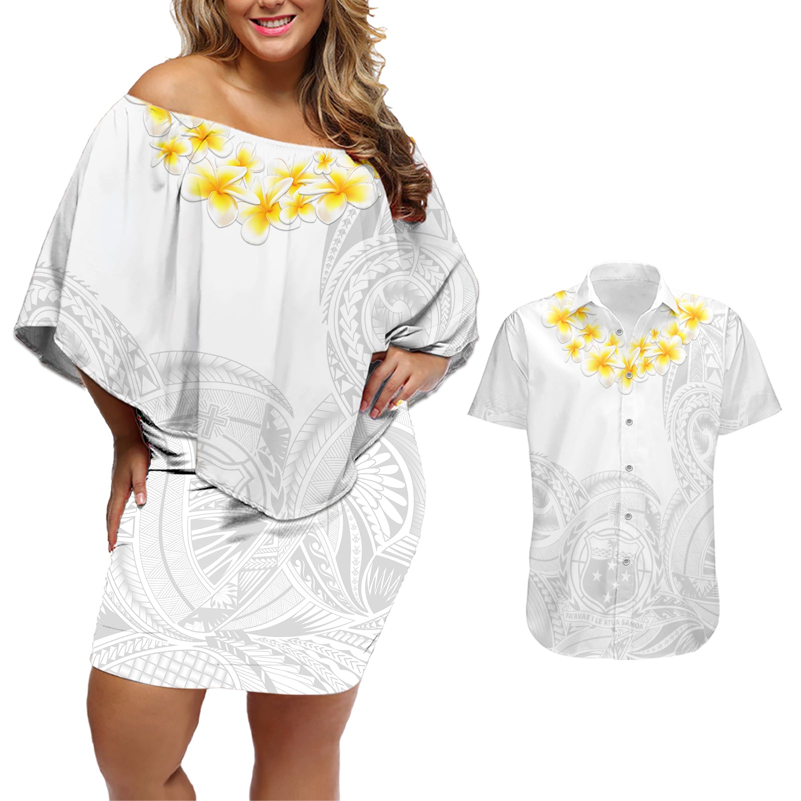 Personalised Samoa White Sunday Couples Matching Off Shoulder Short Dress and Hawaiian Shirt Lotu Tamaiti 2023 With Coat Of Arms - Wonder Print Shop