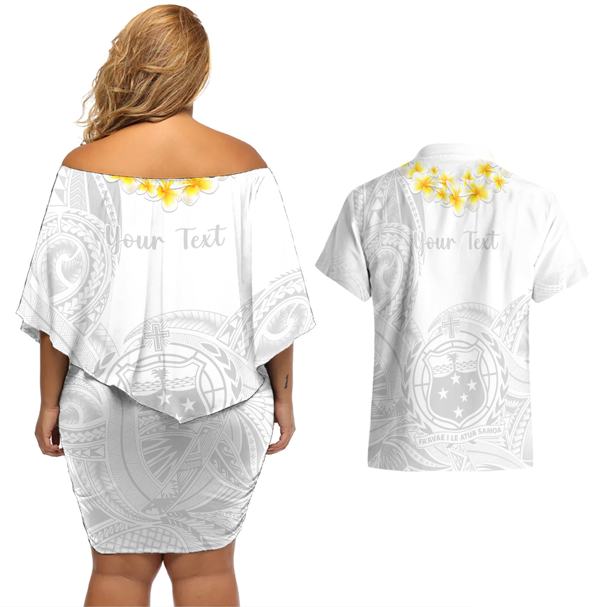 Personalised Samoa White Sunday Couples Matching Off Shoulder Short Dress and Hawaiian Shirt Lotu Tamaiti 2023 With Coat Of Arms - Wonder Print Shop