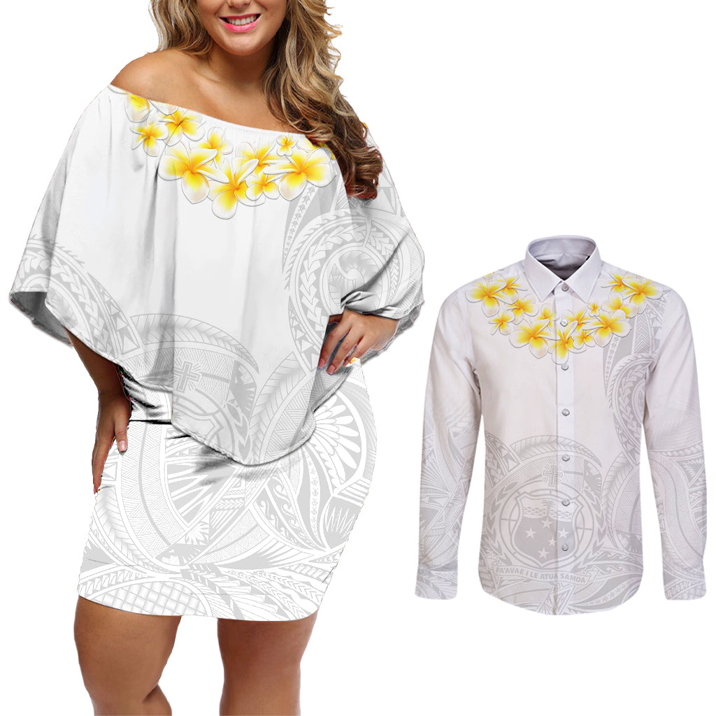Personalised Samoa White Sunday Couples Matching Off Shoulder Short Dress and Long Sleeve Button Shirts Lotu Tamaiti 2023 With Coat Of Arms - Wonder Print Shop