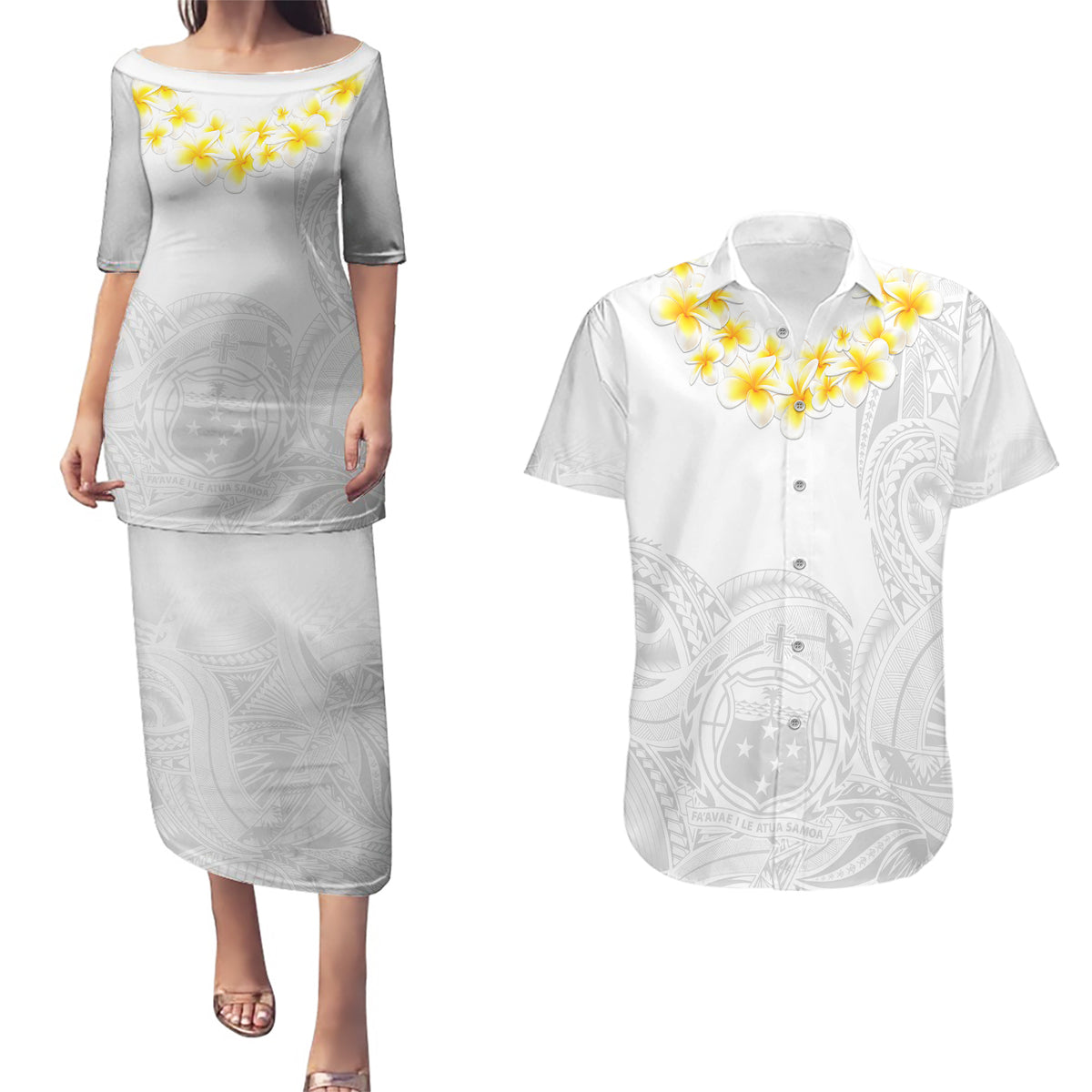 Personalised Samoa White Sunday Couples Matching Puletasi Dress and Hawaiian Shirt Lotu Tamaiti 2023 With Coat Of Arms - Wonder Print Shop