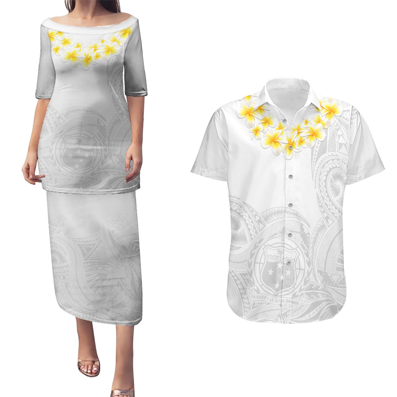 Personalised Samoa White Sunday Couples Matching Puletasi Dress and Hawaiian Shirt Lotu Tamaiti 2023 With Coat Of Arms - Wonder Print Shop