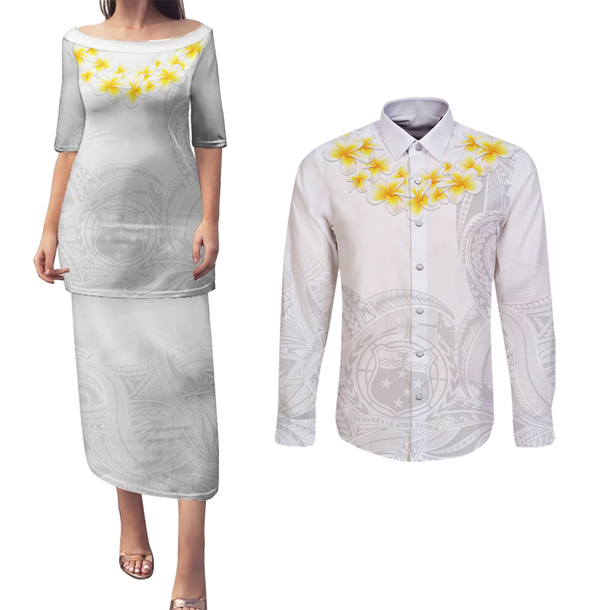 Personalised Samoa White Sunday Couples Matching Puletasi Dress and Long Sleeve Button Shirts Lotu Tamaiti 2023 With Coat Of Arms - Wonder Print Shop