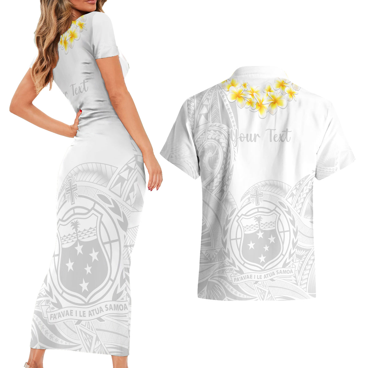 Personalised Samoa White Sunday Couples Matching Short Sleeve Bodycon Dress and Hawaiian Shirt Lotu Tamaiti 2023 With Coat Of Arms - Wonder Print Shop