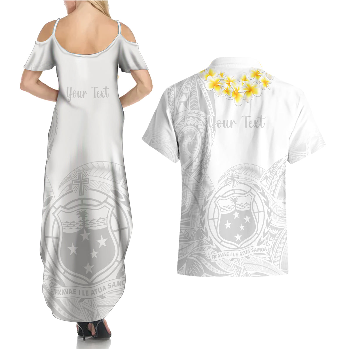 Personalised Samoa White Sunday Couples Matching Summer Maxi Dress and Hawaiian Shirt Lotu Tamaiti 2023 With Coat Of Arms - Wonder Print Shop