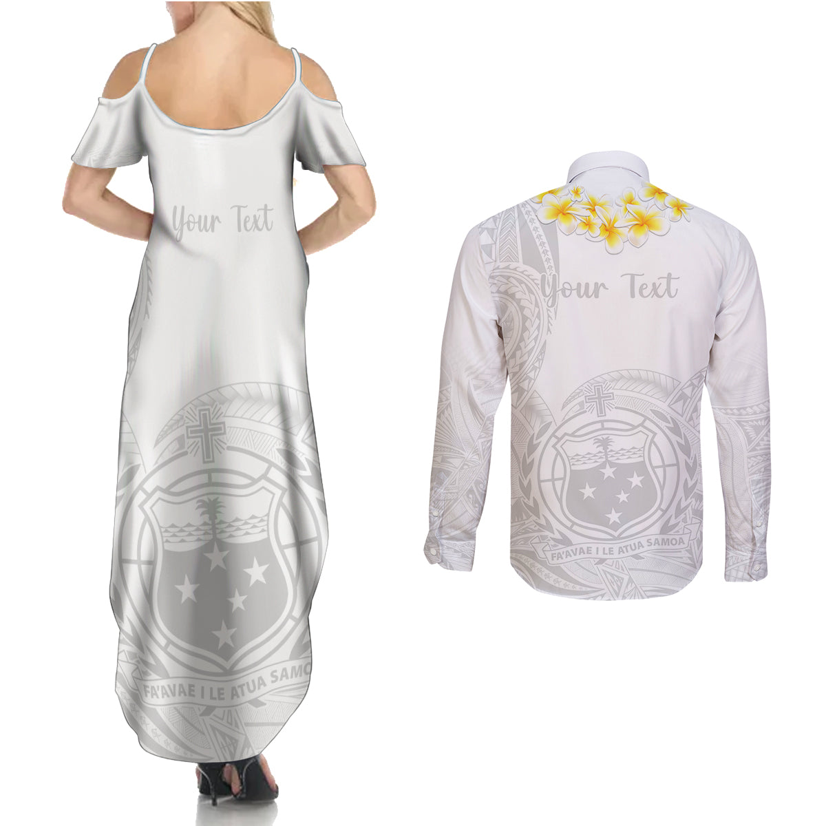 Personalised Samoa White Sunday Couples Matching Summer Maxi Dress and Long Sleeve Button Shirts Lotu Tamaiti 2023 With Coat Of Arms - Wonder Print Shop