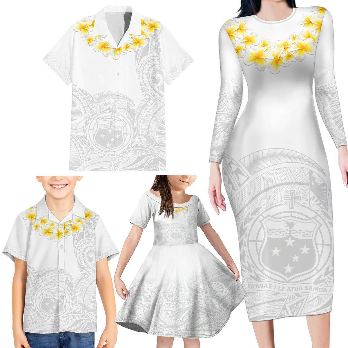 Personalised Samoa White Sunday Family Matching Long Sleeve Bodycon Dress and Hawaiian Shirt Lotu Tamaiti 2023 With Coat Of Arms - Wonder Print Shop