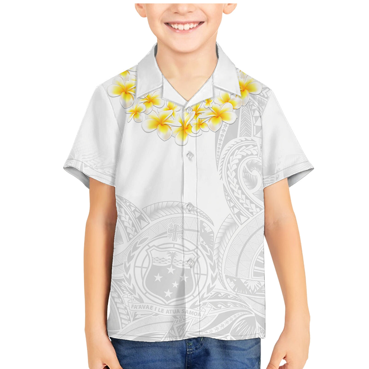 Personalised Samoa White Sunday Family Matching Mermaid Dress and Hawaiian Shirt Lotu Tamaiti 2023 With Coat Of Arms - Wonder Print Shop
