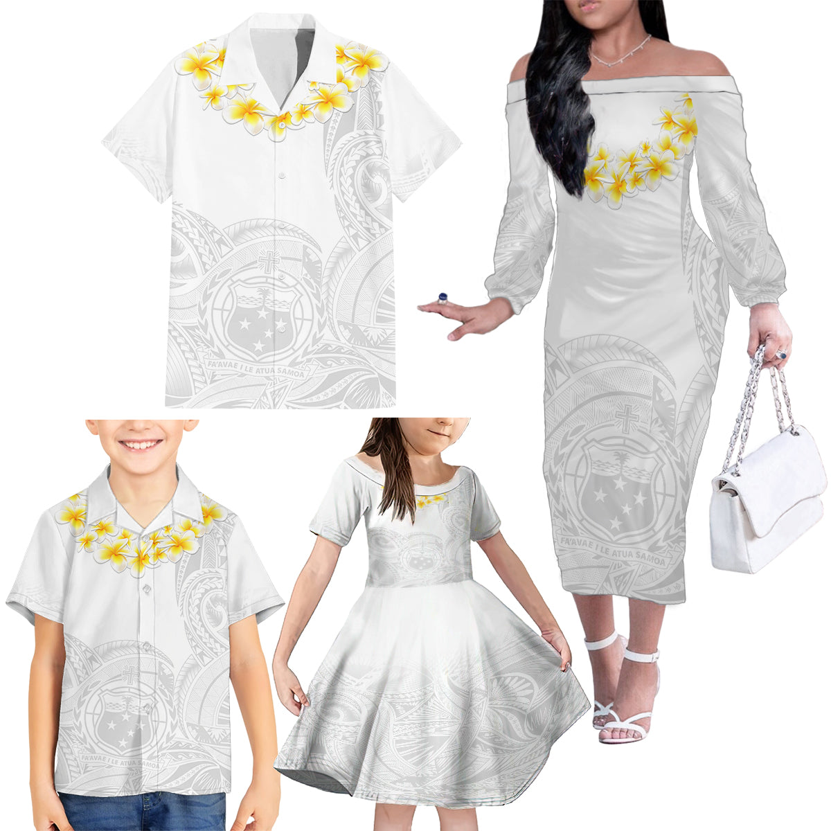 Personalised Samoa White Sunday Family Matching Off Shoulder Long Sleeve Dress and Hawaiian Shirt Lotu Tamaiti 2023 With Coat Of Arms - Wonder Print Shop