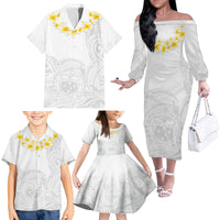 Personalised Samoa White Sunday Family Matching Off Shoulder Long Sleeve Dress and Hawaiian Shirt Lotu Tamaiti 2023 With Coat Of Arms - Wonder Print Shop