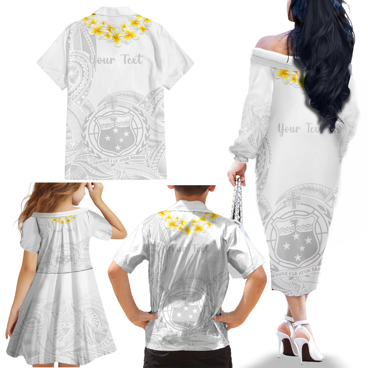 Personalised Samoa White Sunday Family Matching Off Shoulder Long Sleeve Dress and Hawaiian Shirt Lotu Tamaiti 2023 With Coat Of Arms - Wonder Print Shop