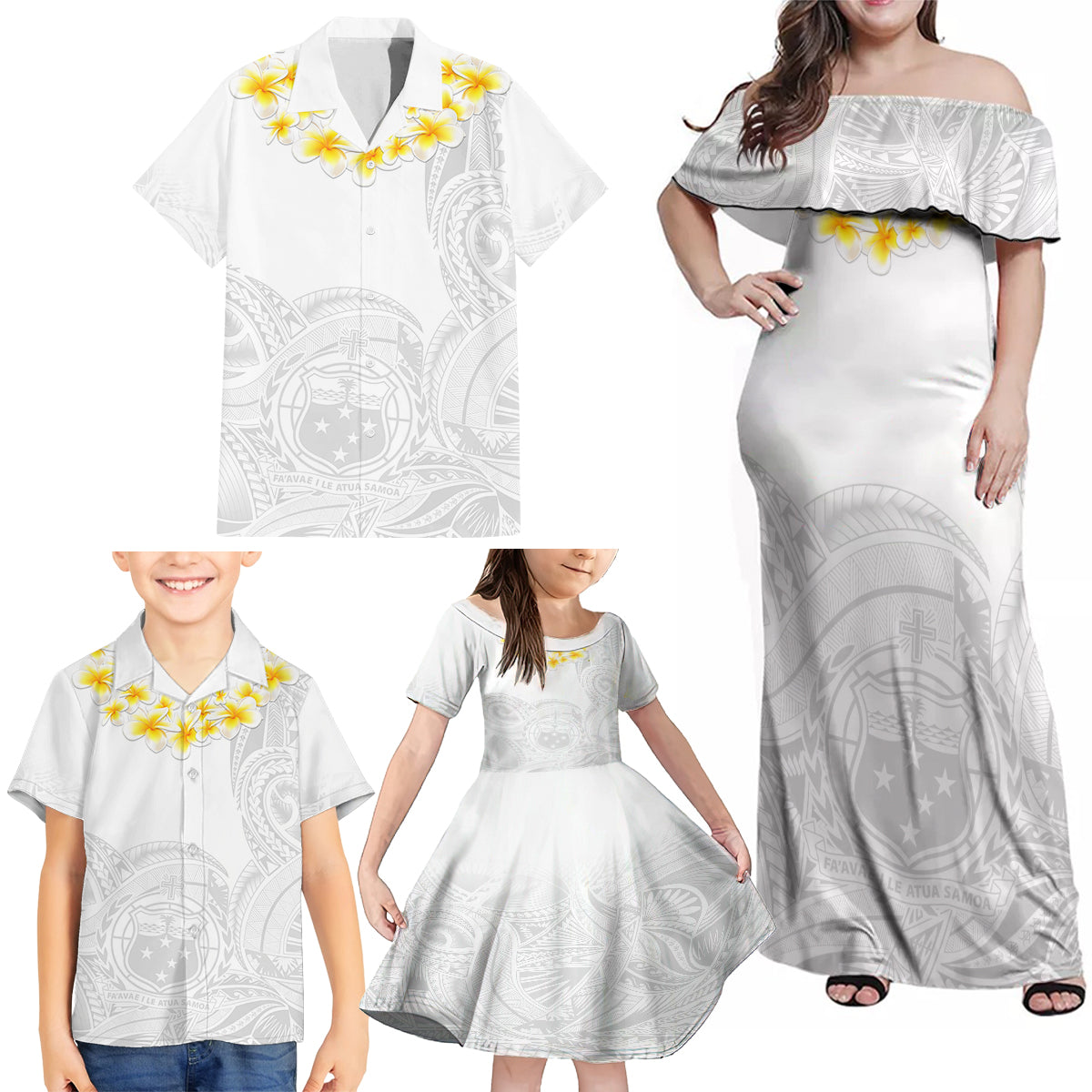 Personalised Samoa White Sunday Family Matching Off Shoulder Maxi Dress and Hawaiian Shirt Lotu Tamaiti 2023 With Coat Of Arms - Wonder Print Shop