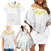 Personalised Samoa White Sunday Family Matching Off Shoulder Short Dress and Hawaiian Shirt Lotu Tamaiti 2023 With Coat Of Arms - Wonder Print Shop