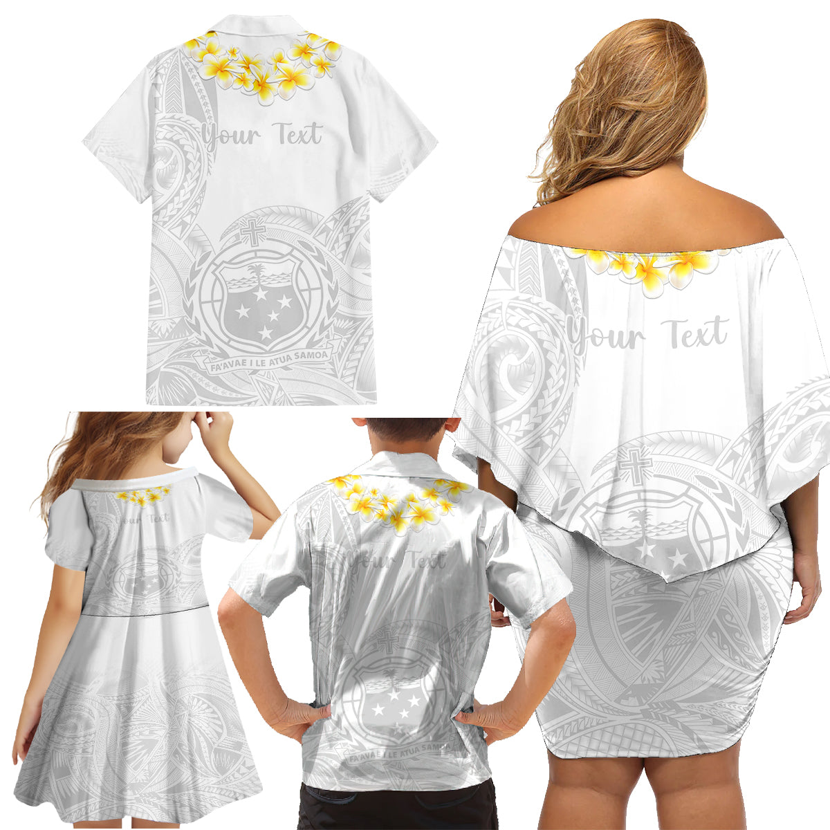 Personalised Samoa White Sunday Family Matching Off Shoulder Short Dress and Hawaiian Shirt Lotu Tamaiti 2023 With Coat Of Arms - Wonder Print Shop