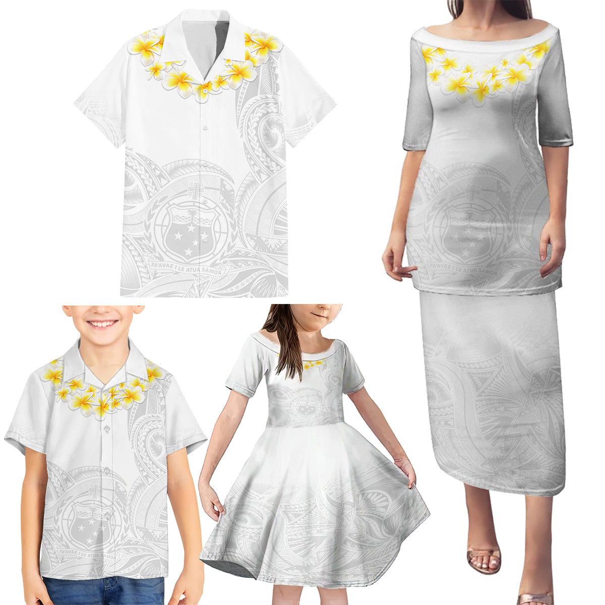 Personalised Samoa White Sunday Family Matching Puletasi Dress and Hawaiian Shirt Lotu Tamaiti 2023 With Coat Of Arms - Wonder Print Shop