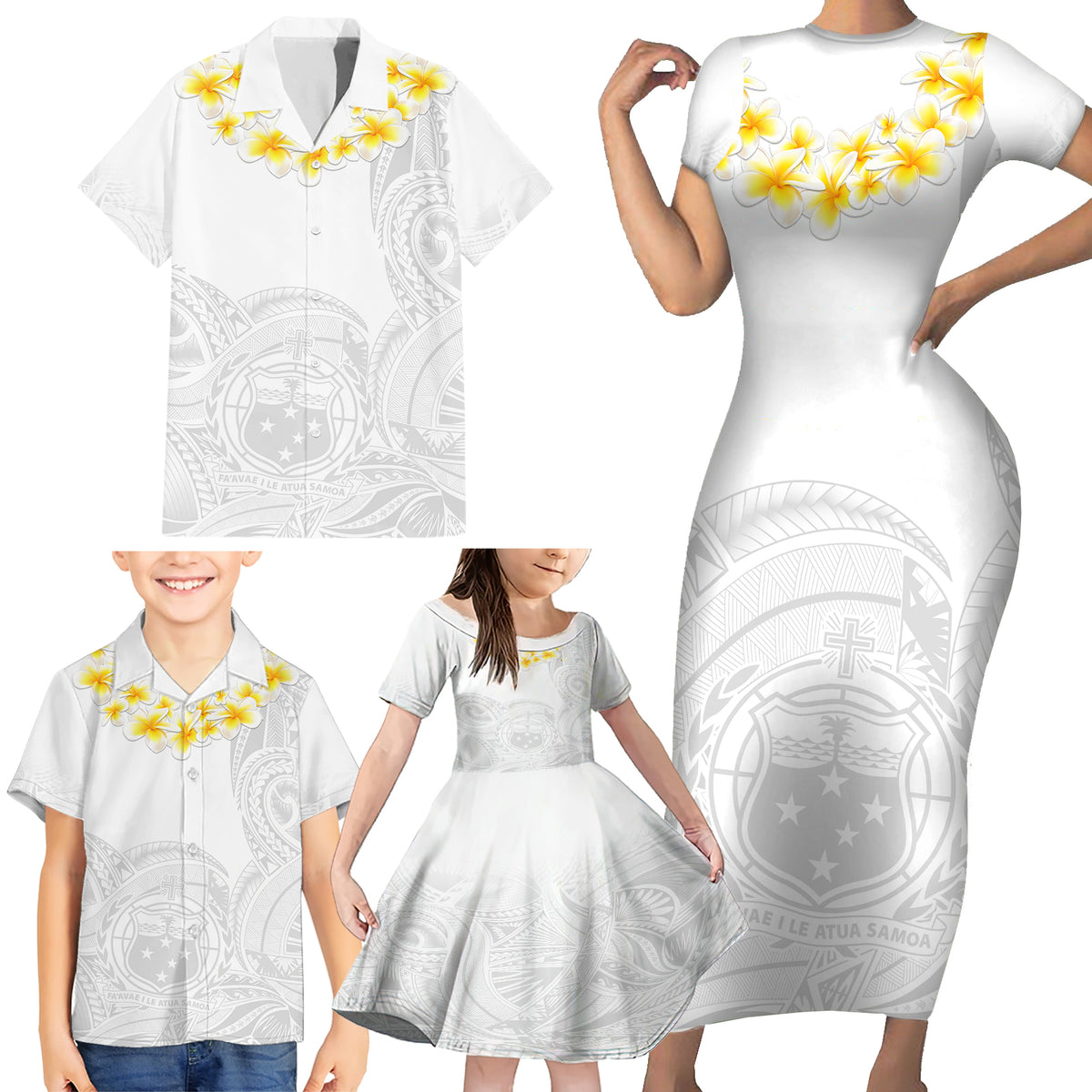 Personalised Samoa White Sunday Family Matching Short Sleeve Bodycon Dress and Hawaiian Shirt Lotu Tamaiti 2023 With Coat Of Arms - Wonder Print Shop