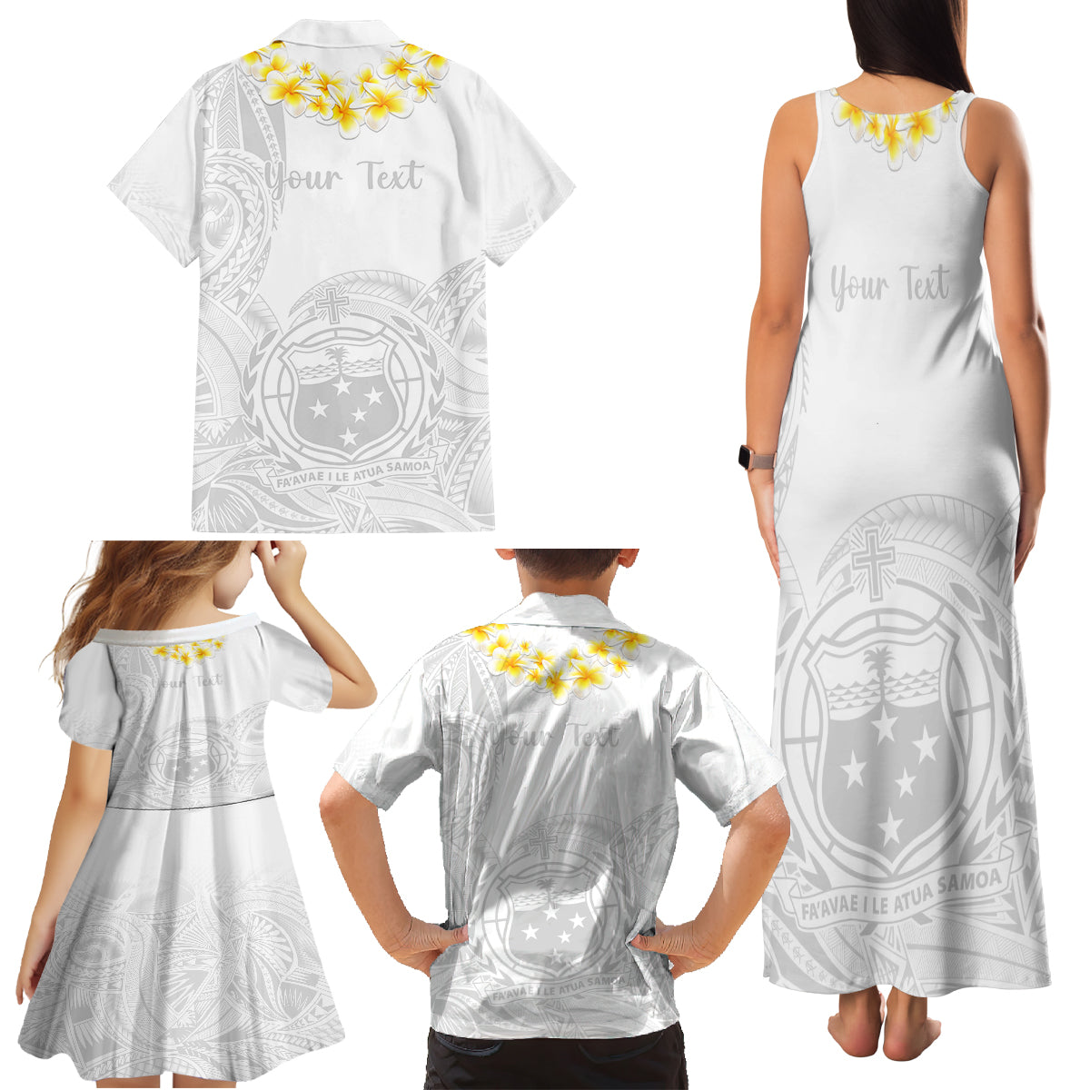 Personalised Samoa White Sunday Family Matching Tank Maxi Dress and Hawaiian Shirt Lotu Tamaiti 2023 With Coat Of Arms - Wonder Print Shop