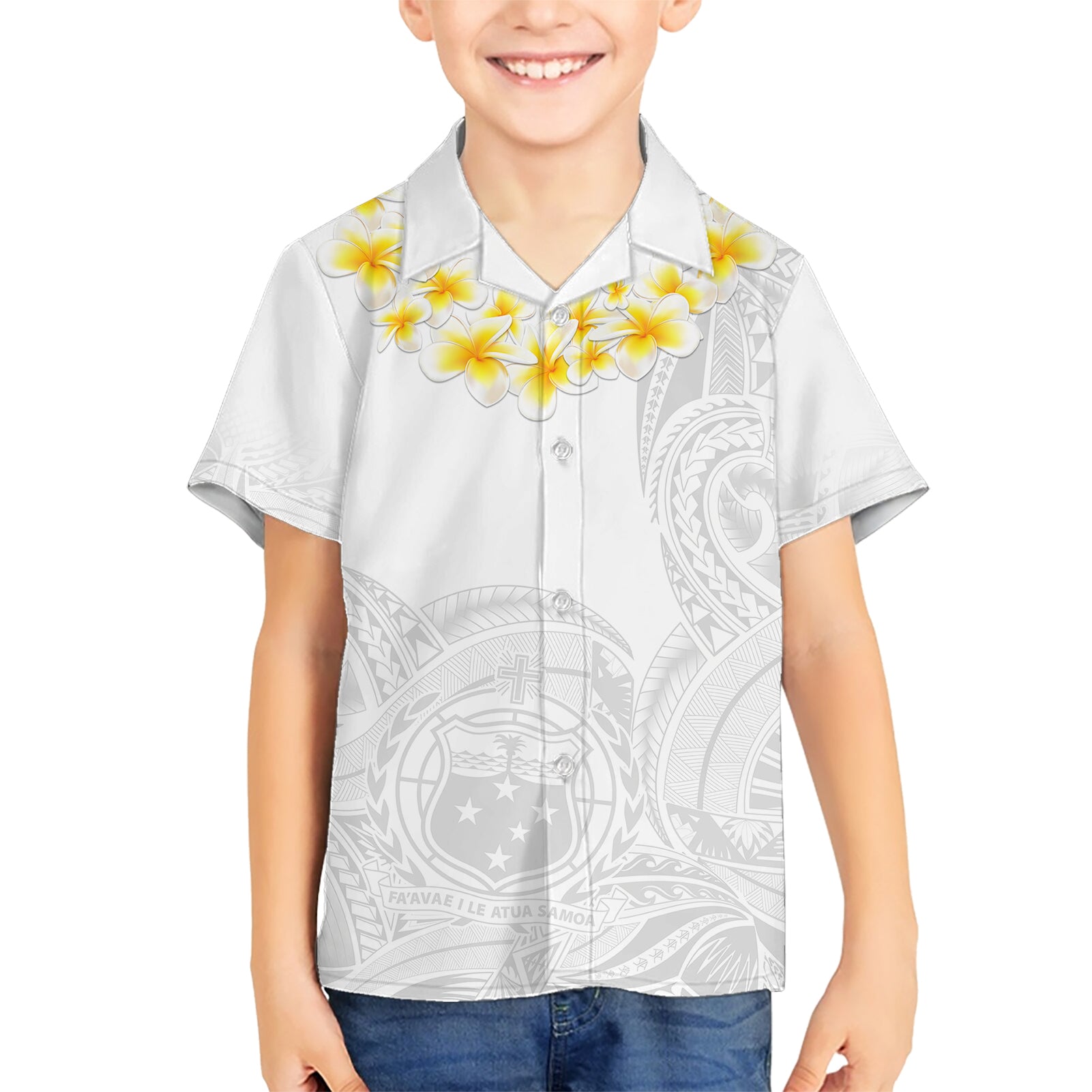 Personalised Samoa White Sunday Kid Hawaiian Shirt Lotu Tamaiti 2023 With Coat Of Arms - Wonder Print Shop