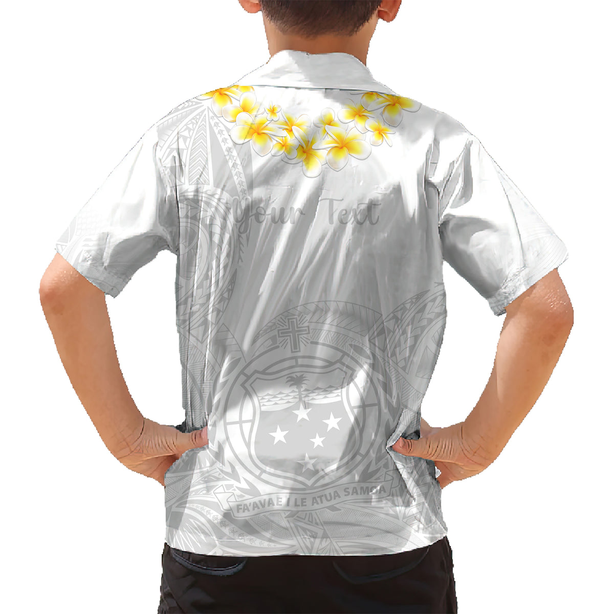 Personalised Samoa White Sunday Kid Hawaiian Shirt Lotu Tamaiti 2023 With Coat Of Arms - Wonder Print Shop