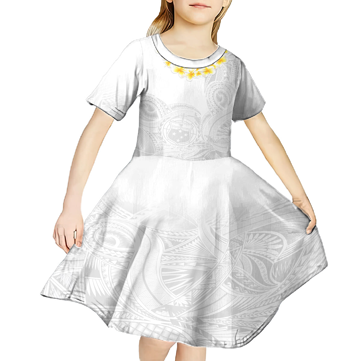 Personalised Samoa White Sunday Kid Short Sleeve Dress Lotu Tamaiti 2023 With Coat Of Arms - Wonder Print Shop