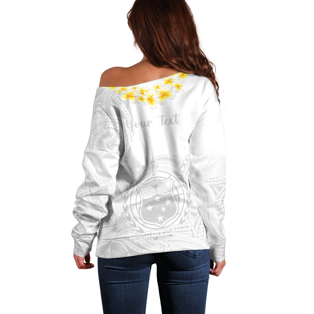 Personalised Samoa White Sunday Off Shoulder Sweater Lotu Tamaiti 2023 With Coat Of Arms - Wonder Print Shop