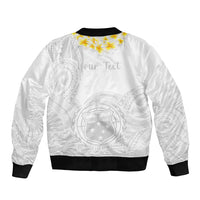 Personalised Samoa White Sunday Sleeve Zip Bomber Jacket Lotu Tamaiti 2023 With Coat Of Arms - Wonder Print Shop