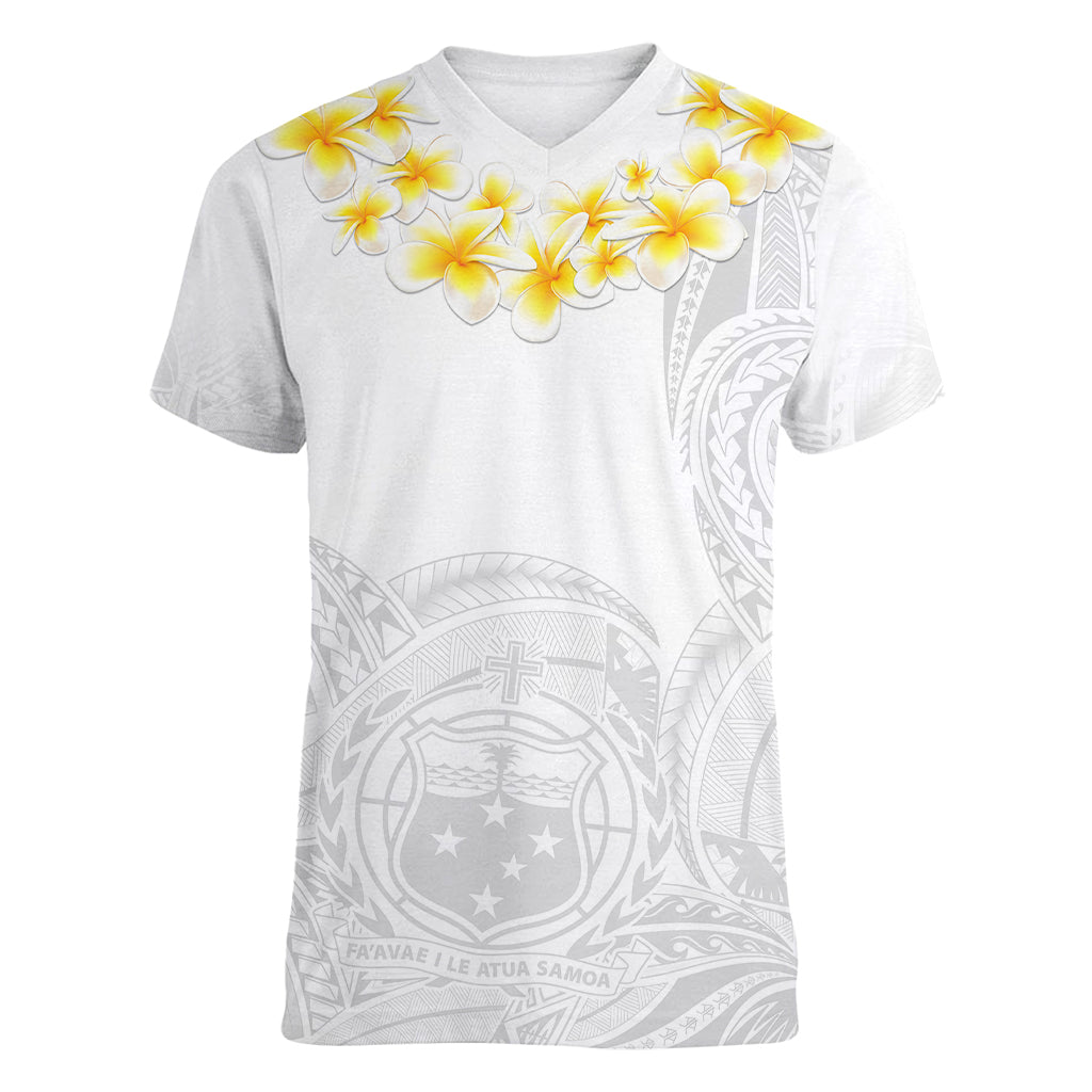 Personalised Samoa White Sunday Women V Neck T Shirt Lotu Tamaiti 2023 With Coat Of Arms - Wonder Print Shop