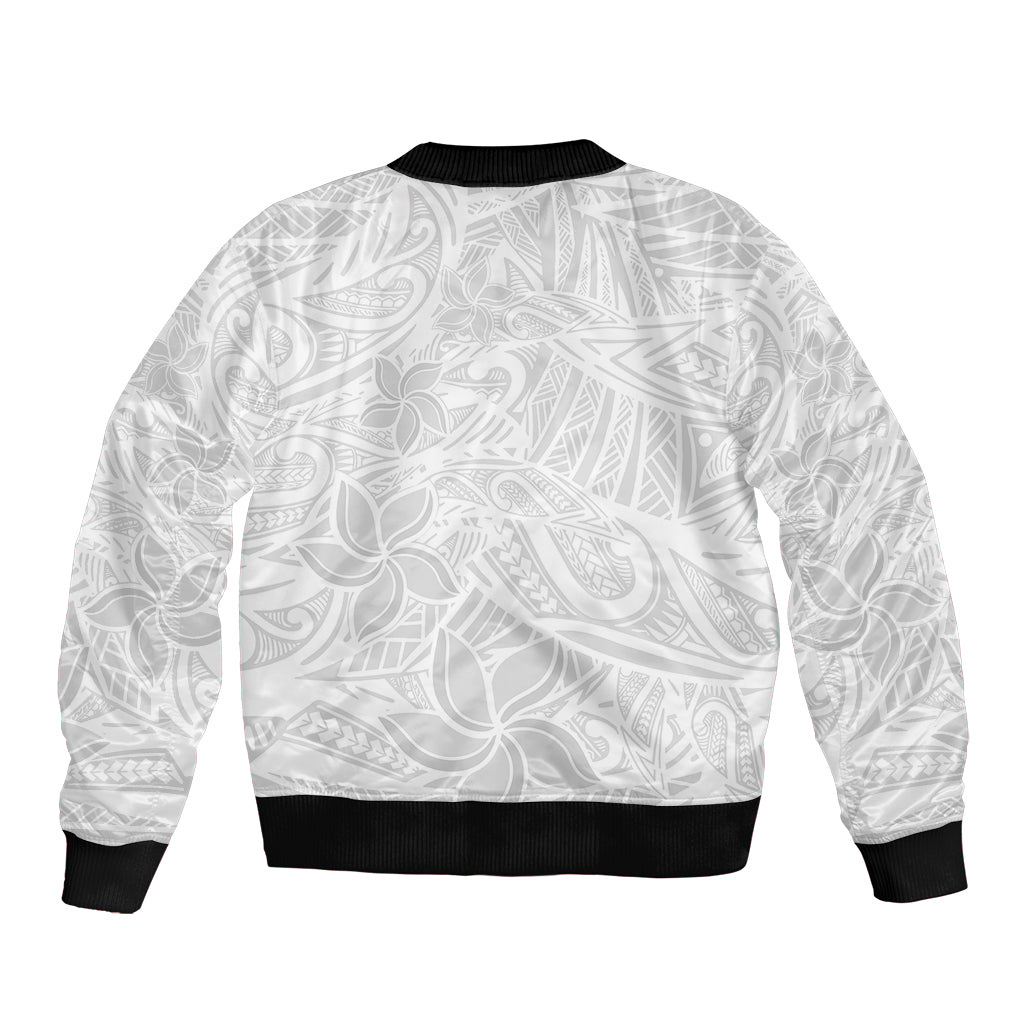 Polynesia White Sunday Bomber Jacket Polynesian Pattern With Tropical Flowers - Wonder Print Shop