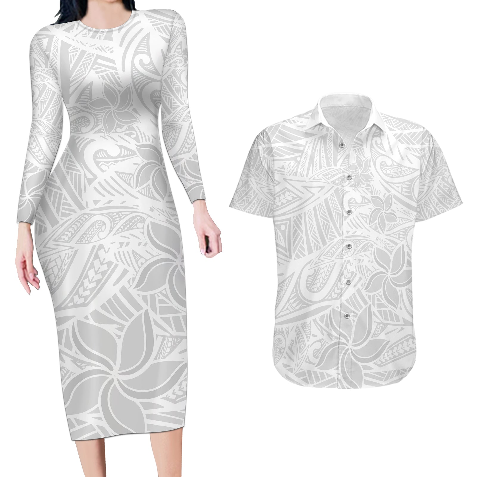 Polynesia White Sunday Couples Matching Long Sleeve Bodycon Dress and Hawaiian Shirt Polynesian Pattern With Tropical Flowers - Wonder Print Shop