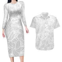 Polynesia White Sunday Couples Matching Long Sleeve Bodycon Dress and Hawaiian Shirt Polynesian Pattern With Tropical Flowers - Wonder Print Shop