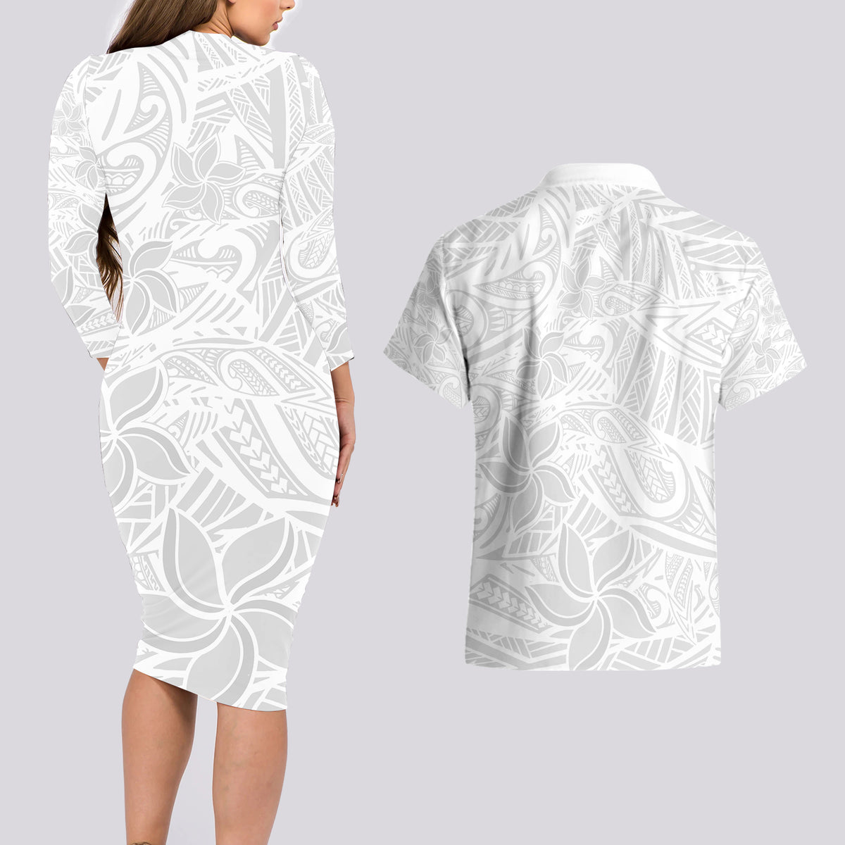 Polynesia White Sunday Couples Matching Long Sleeve Bodycon Dress and Hawaiian Shirt Polynesian Pattern With Tropical Flowers - Wonder Print Shop