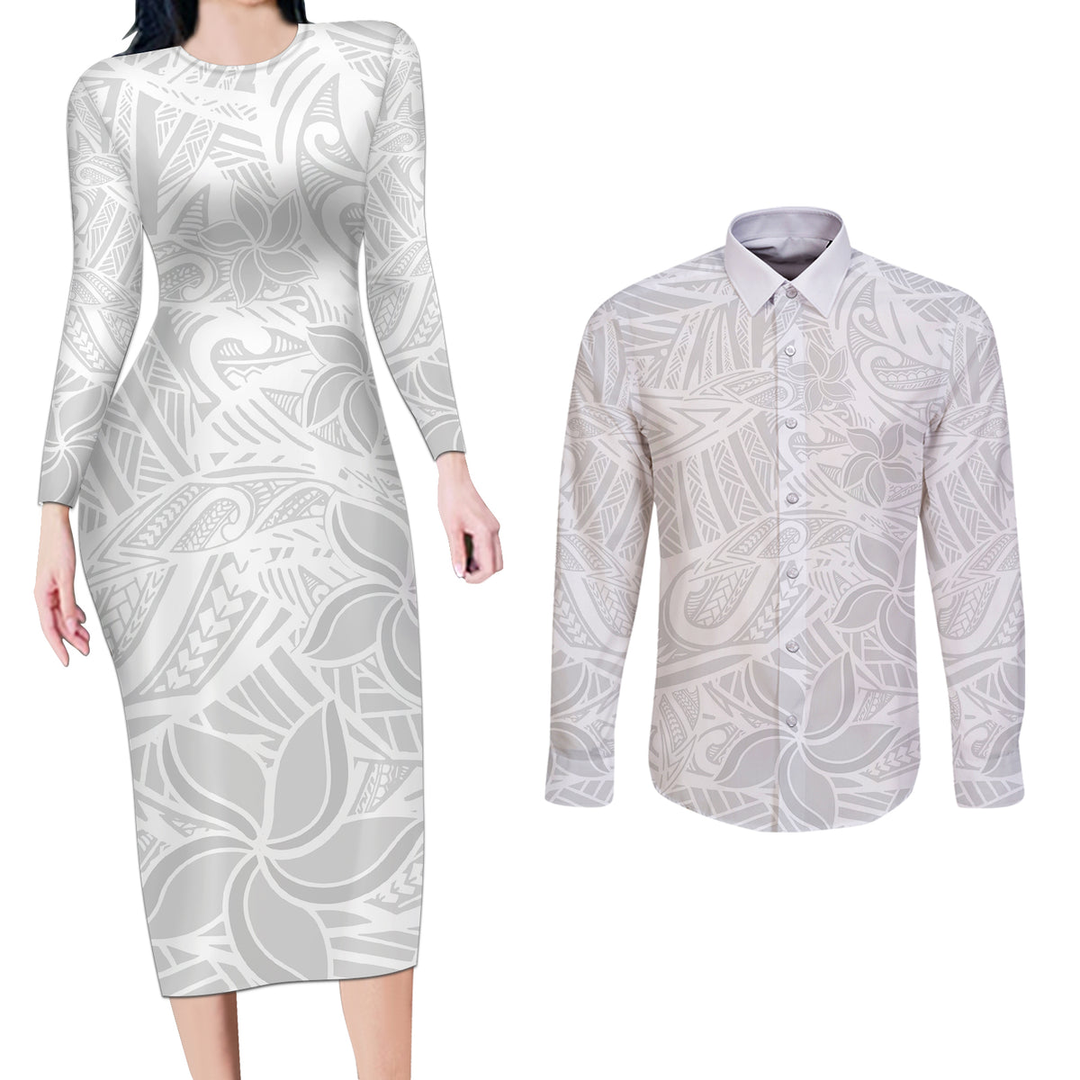 Polynesia White Sunday Couples Matching Long Sleeve Bodycon Dress and Long Sleeve Button Shirts Polynesian Pattern With Tropical Flowers - Wonder Print Shop
