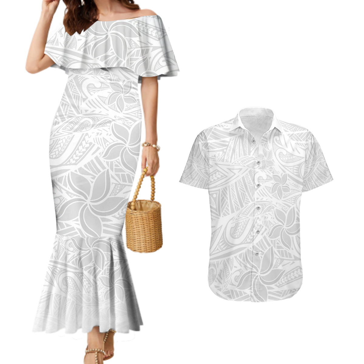 Polynesia White Sunday Couples Matching Mermaid Dress and Hawaiian Shirt Polynesian Pattern With Tropical Flowers - Wonder Print Shop