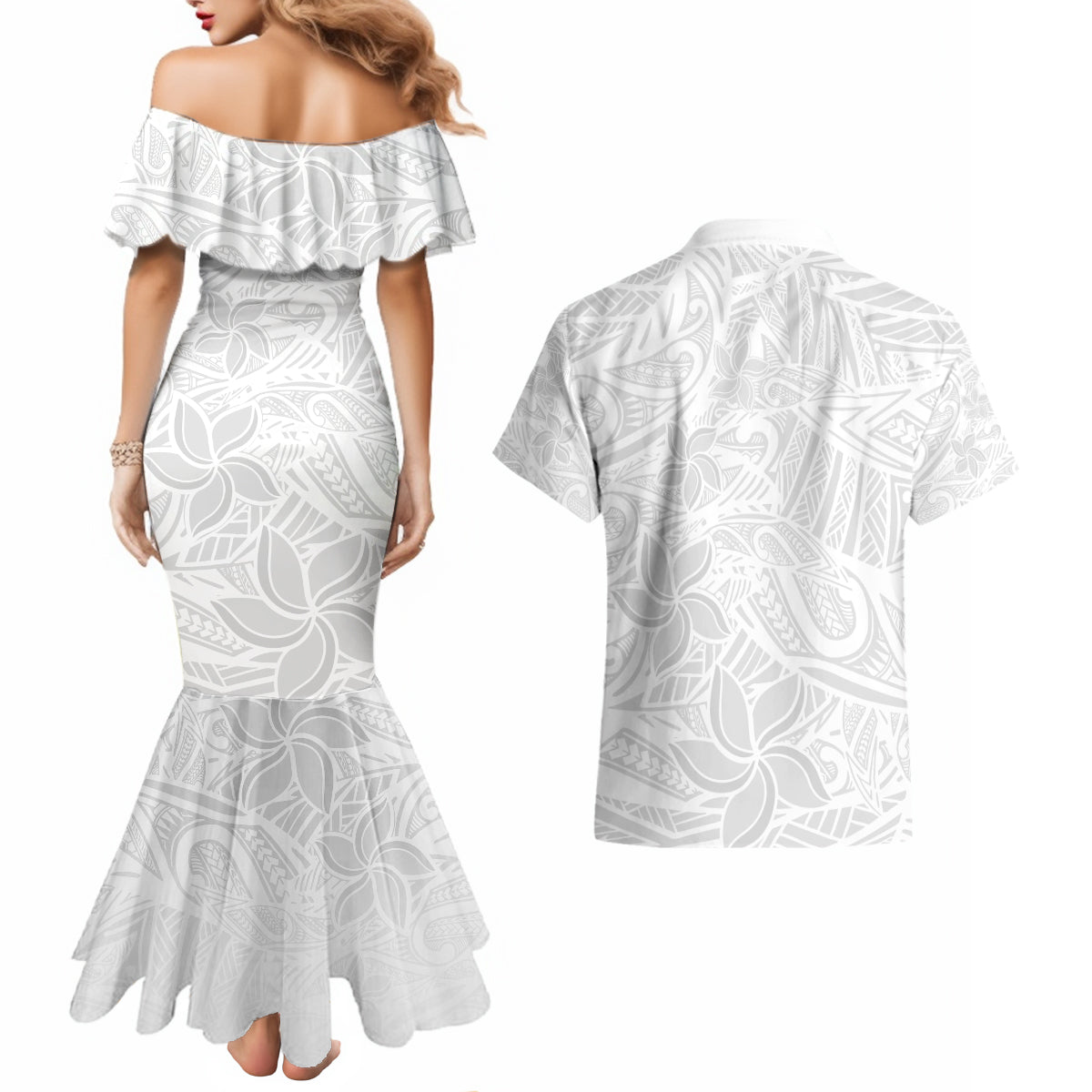 Polynesia White Sunday Couples Matching Mermaid Dress and Hawaiian Shirt Polynesian Pattern With Tropical Flowers - Wonder Print Shop