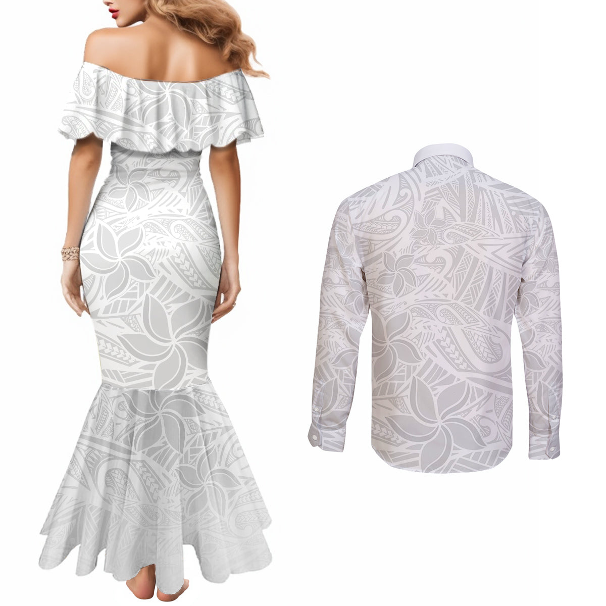 polynesia-white-sunday-couples-matching-mermaid-dress-and-long-sleeve-button-shirts-polynesian-pattern-with-tropical-flowers