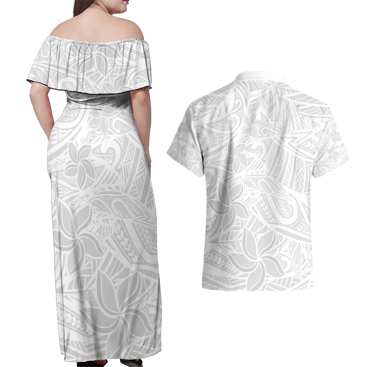 Polynesia White Sunday Couples Matching Off Shoulder Maxi Dress and Hawaiian Shirt Polynesian Pattern With Tropical Flowers - Wonder Print Shop