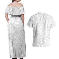 Polynesia White Sunday Couples Matching Off Shoulder Maxi Dress and Hawaiian Shirt Polynesian Pattern With Tropical Flowers - Wonder Print Shop