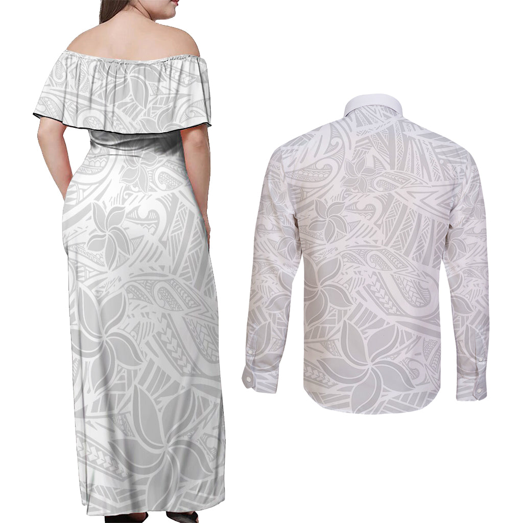 Polynesia White Sunday Couples Matching Off Shoulder Maxi Dress and Long Sleeve Button Shirts Polynesian Pattern With Tropical Flowers - Wonder Print Shop