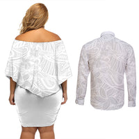 Polynesia White Sunday Couples Matching Off Shoulder Short Dress and Long Sleeve Button Shirts Polynesian Pattern With Tropical Flowers - Wonder Print Shop