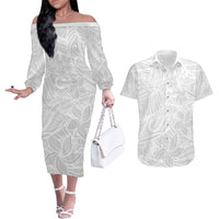 Polynesia White Sunday Couples Matching Off The Shoulder Long Sleeve Dress and Hawaiian Shirt Polynesian Pattern With Tropical Flowers - Wonder Print Shop